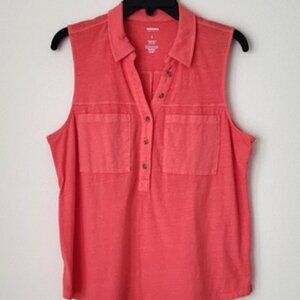 Women's Sleeveless Patch Pocket V Neck Coral Collar Top Size L